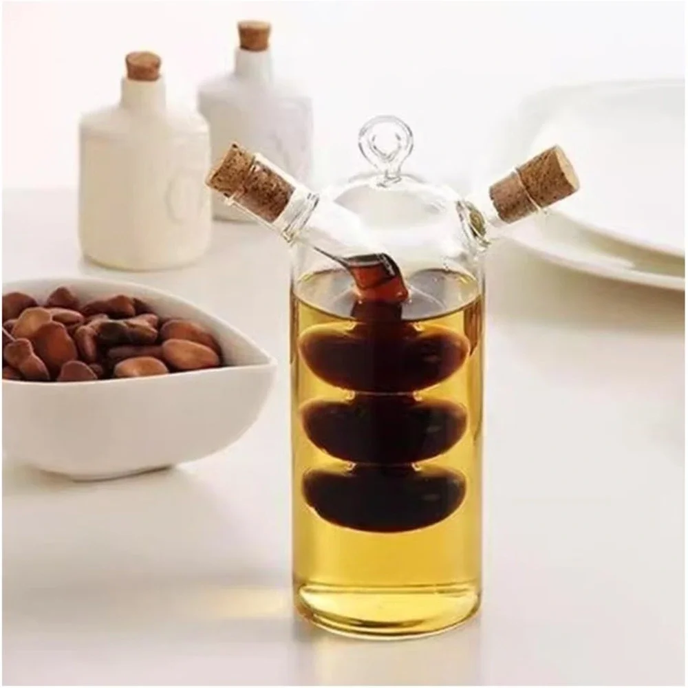2-in-1 Glass Oil and Vinegar Cruet Dispenser with Cork Stoppers Clear Handblown
